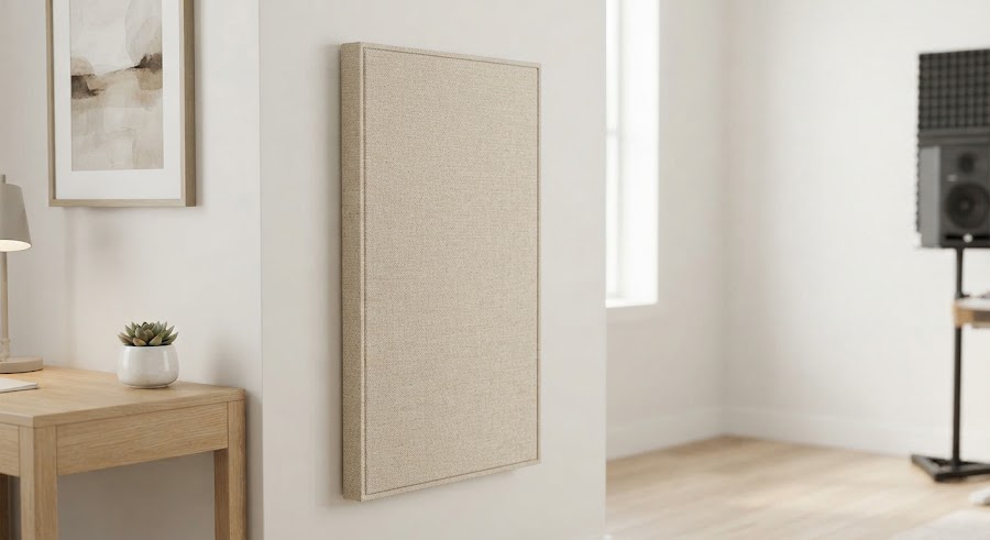 Panel acústico delgado en tela beige para montaje en pared.